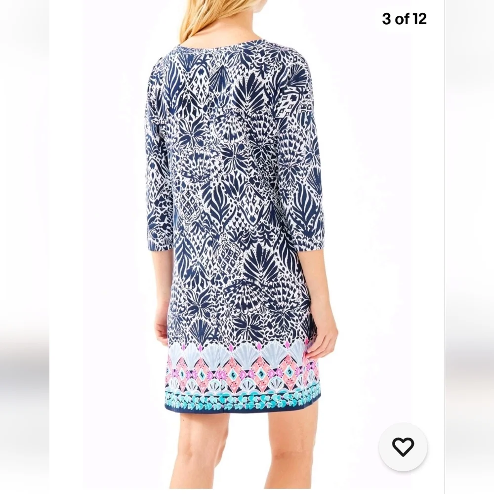 Lilly Pulitzer Navy & White Printed Shift Dress with Pink & Teal Border